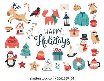 Christmas and New Year collection of cute animals and seasonal elements. Isolated a white background. Hand drawn vector illustration