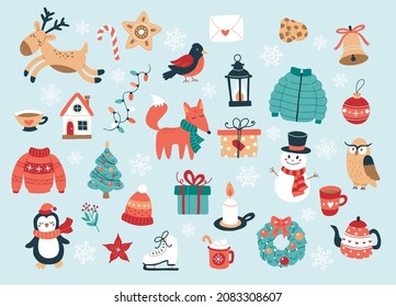 Christmas and New Year collection of cute animals and seasonal elements. Hand drawn vector illustration