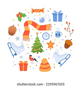 Christmas and New Year collection of cute seasonal elements. Christmas tree, gift, clothes , sweets. Vector illustration