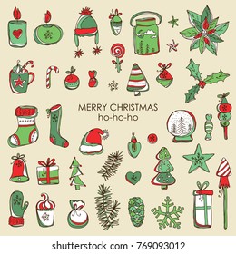 Christmas and New Year collection with Christmas decorations and present. Vector hand drawn illustration