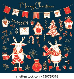 Christmas and New Year collection with deer, Christmas tree and Christmas decorations. Vector hand drawn illustration