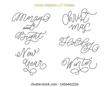 Christmas and New Year collection of handwritten lettering. Winter, Merry and Bright. Calligraphy card design elements. Templates for greeting cards, overlays, posters, wrapping paper. Vector.