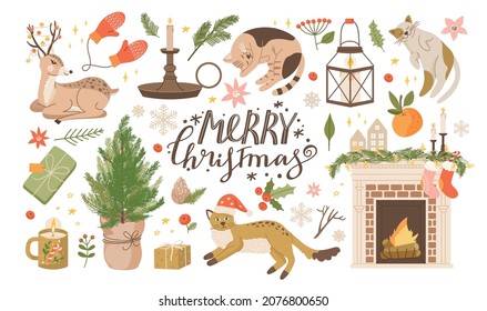 Christmas and New Year collection of hygge cozy holidays elements and decorations. Lovely vector illustrations for winter holidays postcard, invitation, packaging, sticker etc.