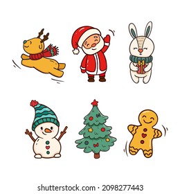 Christmas and new year collection with seasonal elements, Santa, snowman,reindeer,christmas tree,bunny,gingerbread.Set of cartoon christmas elements.Vector illustration