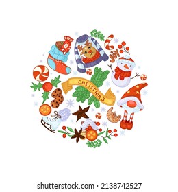 Christmas and New Year collection of seasonal elements in circular shape. Hand drawn vector illustration