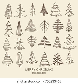 Christmas and New Year collection with Christmas tree. Vector hand drawn illustration.
