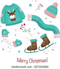 Christmas and New Year collection of  winter elements. Hand drawn vector illustration