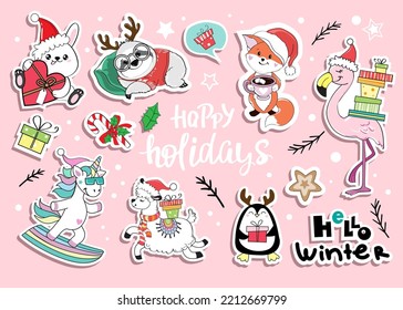 Christmas and new year collection with winter animal stickers. Unicorn, penguin, fox, bunny, llama, flamingo, sloth. Vector illustration