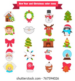Christmas and New Year color icons set