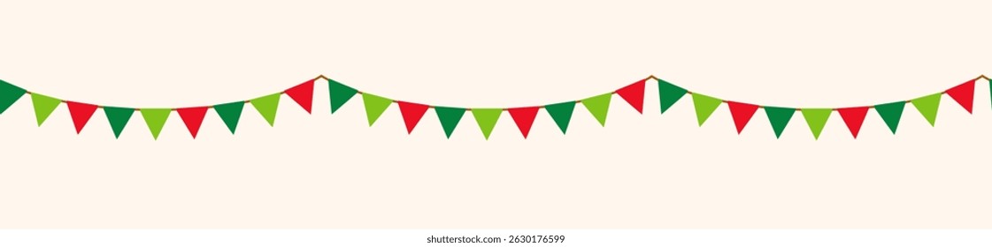 Christmas and New year color retro buntings garlands isolated on white background. Vector illustration. Seamless happy birthday banner, green fiesta border, red carnival holiday header