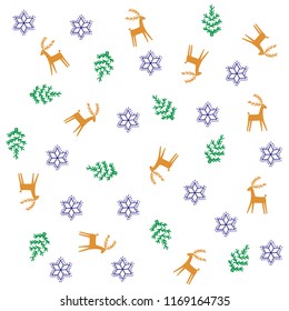 Christmas or New Year colored pattern with deers, snowflakes and christmas trees on white background, for winter holidays design. Vector illustration. Template for Greeting, Scrapbooking, Invitations.