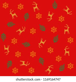 Christmas or New Year colored pattern with deers, snowflakes and christmas trees on red background, for winter holidays design. Vector illustration. Template for Greeting, Scrapbooking, Invitations.
