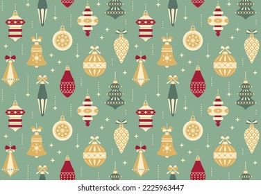 Christmas and New Year colorful background with various vintage ornaments in trendy retro style. Festive seamless pattern for wrapping paper or textile.