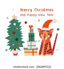 Christmas and new year colorful card t with Christmas tree and Tiger. Bright vector decor for web and print. 