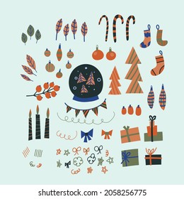 Christmas and new year colorful clipart set with Christmas figures and elements. Bright vector decor for web and print. 
