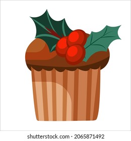 Christmas and new year colorful clipart with Christmas cupcake and berries. Bright vector decor for web and print. 