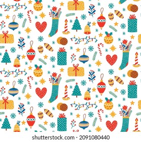 Christmas New year colorful cute icons seamless vector pattern