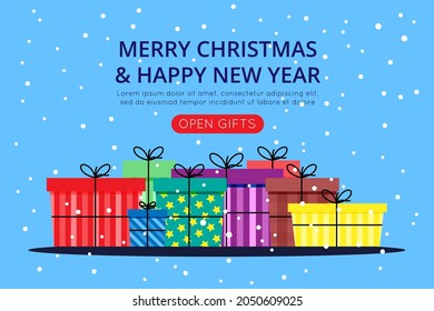 Christmas and New Year colorful gifts on a blue background with falling snow and snowflakes. Cute vector flat image. Background for landing page or website.