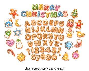 Christmas and New Year colorful gingerbread alphabet, traditional holiday cookies, snowflakes. Sugar coated letters and numbers. Cartoon hand drawn vector illustration isolated on white background.