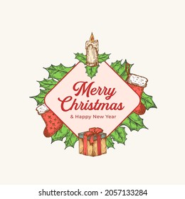 Christmas and New Year Colorful Greeting Card with Rhombus Frame Banner and Cute Typography. Season Holiday Greetings Label or Sticker Layout with Hand Drawn Candle, Holly and Gifts Socks. Isolated.