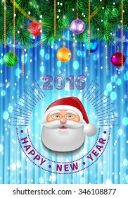 Christmas or New Year colorful greeting card with numbers of 2016 and Santa Claus face. Decorated background. Vector illustration