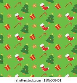 Christmas and New Year colorful pattern with Christmas tree, gifts, Christmas cookies, warm sock, caramel on green background. Flat cartoon design for prints, cards, posters. Vector Eps. 8.