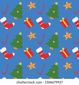 Christmas and New Year colorful pattern with Christmas tree, gifts, Christmas cookies, warm sock, caramel on blue background. Flat cartoon design for prints, cards, posters.  Vector Eps.8.