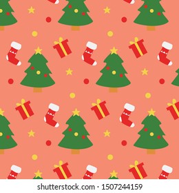 Christmas and New Year colorful pattern with Christmas tree, gifts, warm sock, caramel on  bright background. Flat cartoon design for prints, cards, posters. 