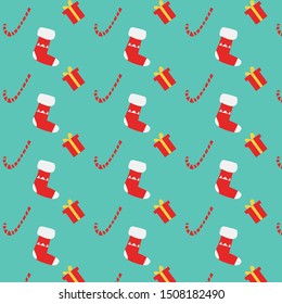 Christmas and New Year colorful pattern with Christmas tree, gifts, warm sock, caramel on  bright background. Flat cartoon design for prints, cards, posters. 