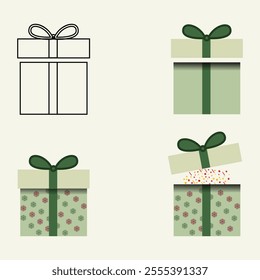 christmas new year colorful present surprise  gift box set with ribbon and pine tree