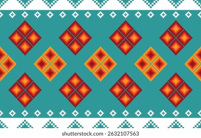 Christmas and New Year colorful seamless pattern, fairytale pixel pattern in colorful with Nordic snowflakes for winter hats, ugly sweaters, jumpers. wallpaper, paper or other design