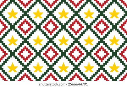 Christmas and New Year colourful seamless pixel pattern, fairytale pixel pattern in white and green with Nordic snowflakes for winter hats, ugly sweaters, jumpers. wallpaper, paper or other design