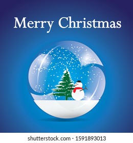Christmas and New Year are coming. Glass transparent christmas ball with cute snowman, snow and tree inside,Vector illustration.