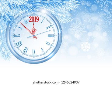 Christmas and New Year are coming. Round clock with numbers 2019, hang on the Christmas tree on a winter snowy background. Vector illustration.