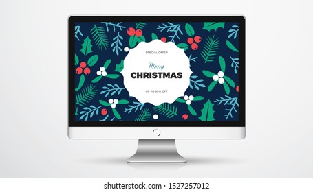 Christmas and New Year commercial banner background with wild forest leaves and berries retro style vector winter design
