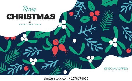 Christmas and New Year commercial banner background with wild forest leaves and berries retro style vector winter design