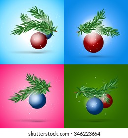 Christmas and New year composition collection. Fir branch and glossy ball design.