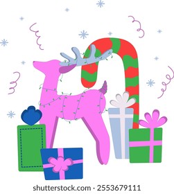 Christmas and new year composition of colorful animals and seasonal elements. Isolated a white background. Vector illustration