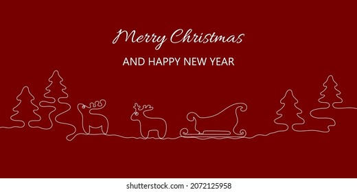 Christmas and New Year composition. Continuous One Line Drawing. Design for greeting card, banner, poster. Vector illustration. 