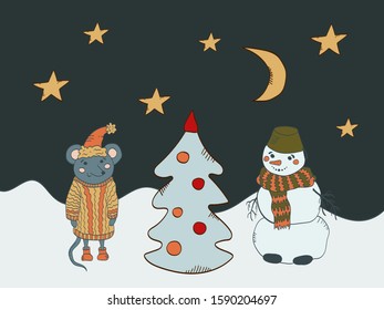Christmas New Year composition. A cute snowman and mouse celebrate Christmas near a decorated Christmas tree, around a snowdrift and it is snowing. Vector illustration.