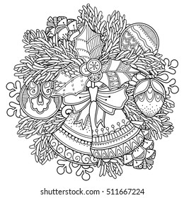 Christmas, New Year composition in doodle style. Floral, ornate, tribal, decor design elements. Black and white background. Christmas tree, bells, bow. Zentangle coloring book page