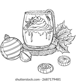 Navidades o composición de Año Nuevo con ponche de huevo, hojas de acebo, bola de árbol. Para tarjeta de felicitación, cartel, diseño de vacaciones. Ilustración vectorial en estilo de boceto dibujado a mano. Arte de línea aislado en blanco para imprimir