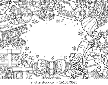 Christmas, New Year composition frame in doodle style. Floral, ornamental, tribal, decor design elements. Ornament, gift box, bows, branches. Black and white background. Coloring book horizontal page