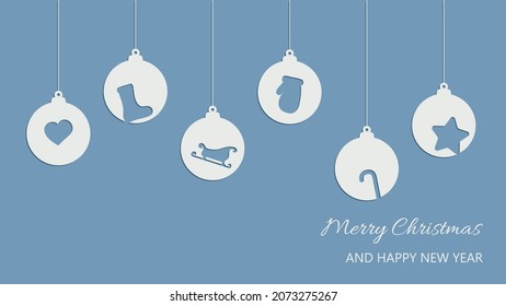 Christmas and New Year composition of hanging balls with sleigh, candy cane, heart, mitten, sock, star. Design for greeting card, banner, poster. Vector illustration. 