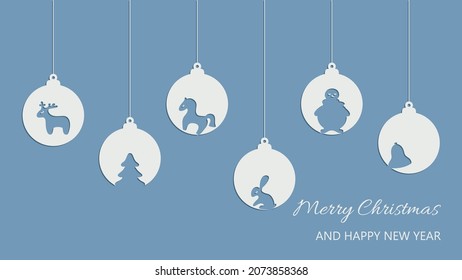 Composición de Navidad y Año Nuevo de bolas colgantes con reno, caballo, árbol de navidad, muñeco de nieve, conejo, campana. Diseño para tarjeta de saludo, pancarta, afiche. Ilustración vectorial. 