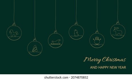Composición de Navidad y Año Nuevo de bolas colgantes con reno, caballo, árbol, muñeco de nieve, trineo, conejo. Dibujo continuo de una línea. Diseño para tarjeta de saludo, pancarta, afiche. Ilustración vectorial. 