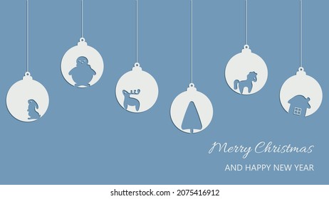 Christmas and New Year composition of hanging balls with reindeer, horse, christmas tree, snowman, rabbit, house. Design for greeting card, banner, poster. Vector illustration. 