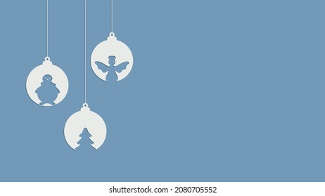 Christmas and New Year composition of hanging balls with angel, christmas tree, snowman. Design for greeting card, banner, poster. Vector illustration. 