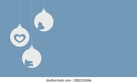 Christmas and New Year composition of hanging balls with bird, heart, bell. Design for greeting card, banner, poster. Vector illustration. 