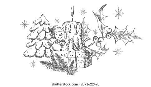 Christmas, New Year composition. Vector illustration, sketch, drawing.